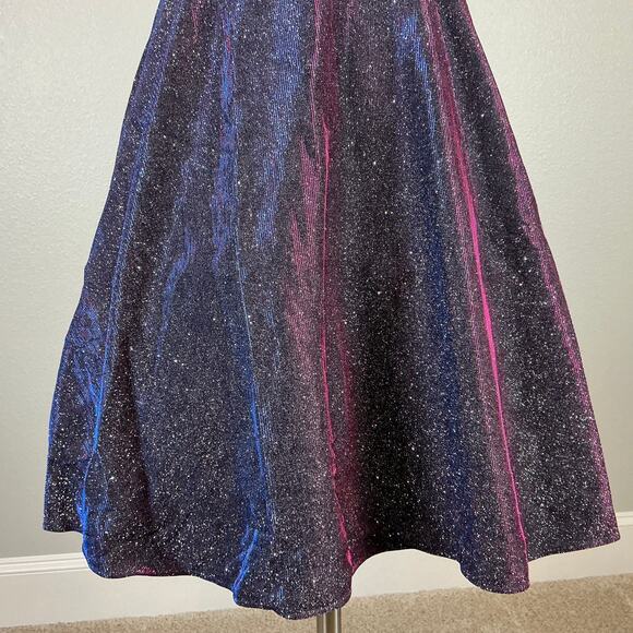 XSCAPE Glitter Knit Mini Fit and Flare Size 8 Black Iridescent Strappy Back - Picture 9 of 14